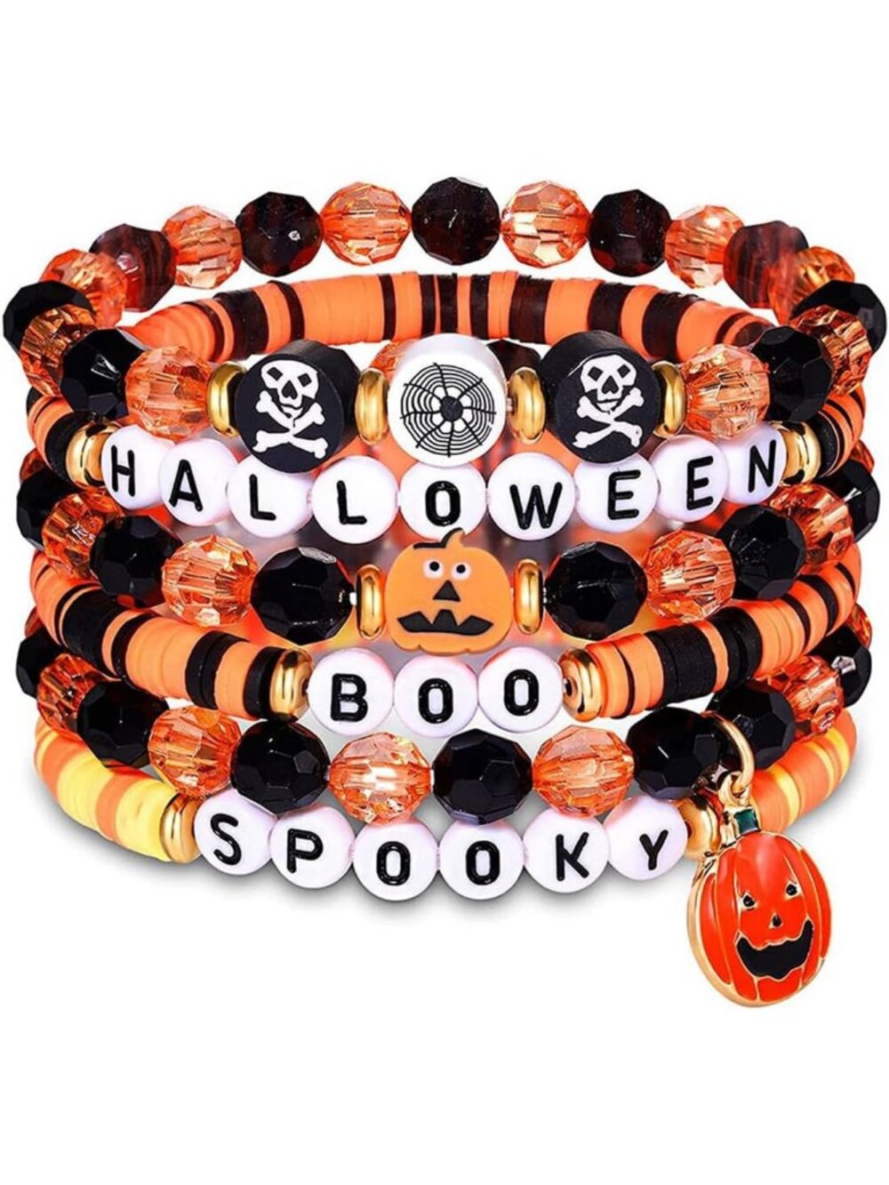 Women's Orange Charm Beaded Stack Pumpkin Skeleton Stretch Halloween Bracelet